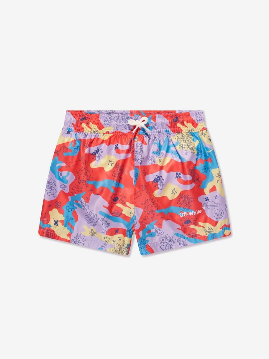 Off-White Teen Boys Puzzleflage Print Swim Shorts - Multicolor Quick-Dry Beach Shorts