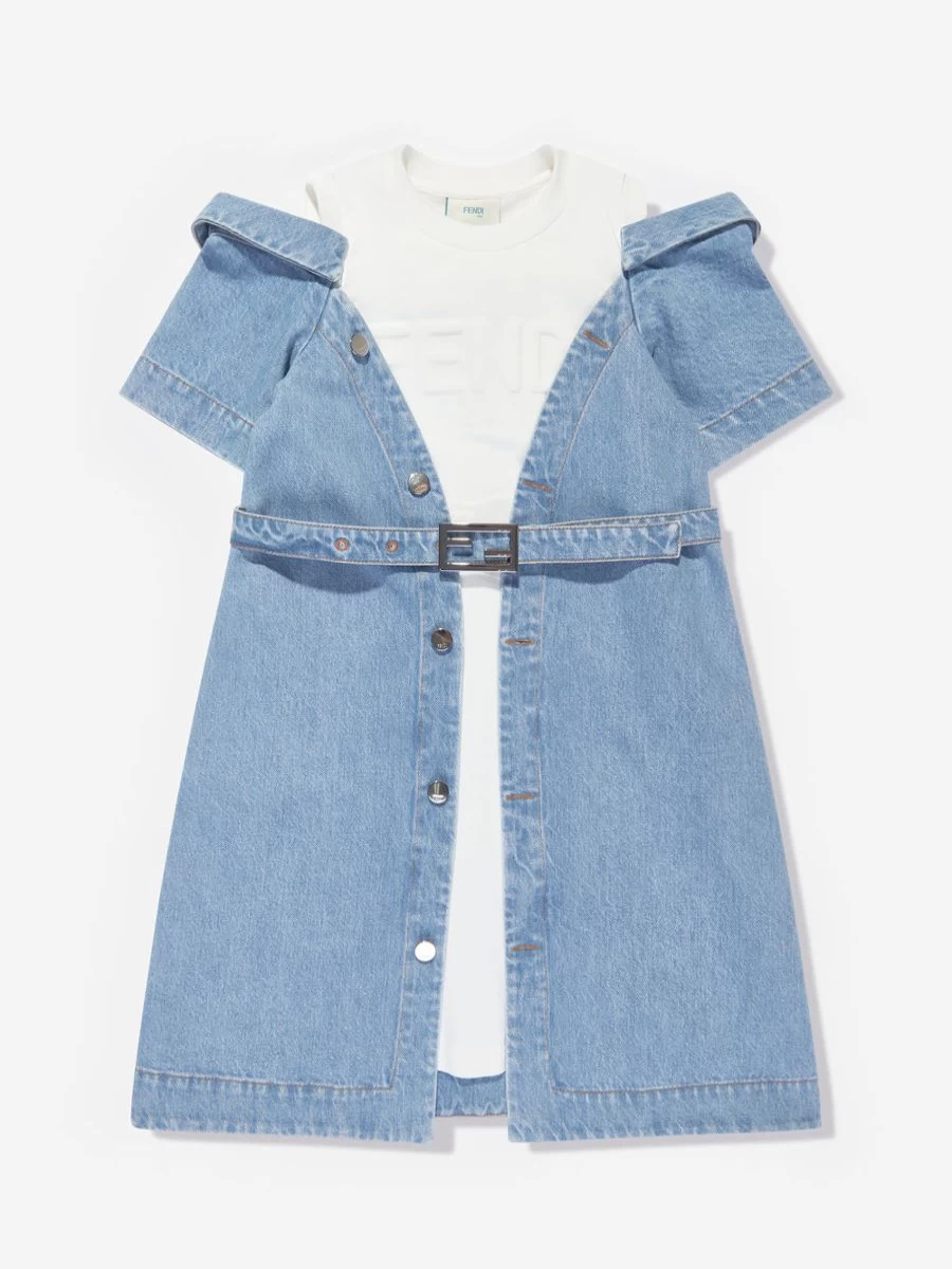 Fendi Kids Teen Blue Double Fabric Denim Dress for Girls