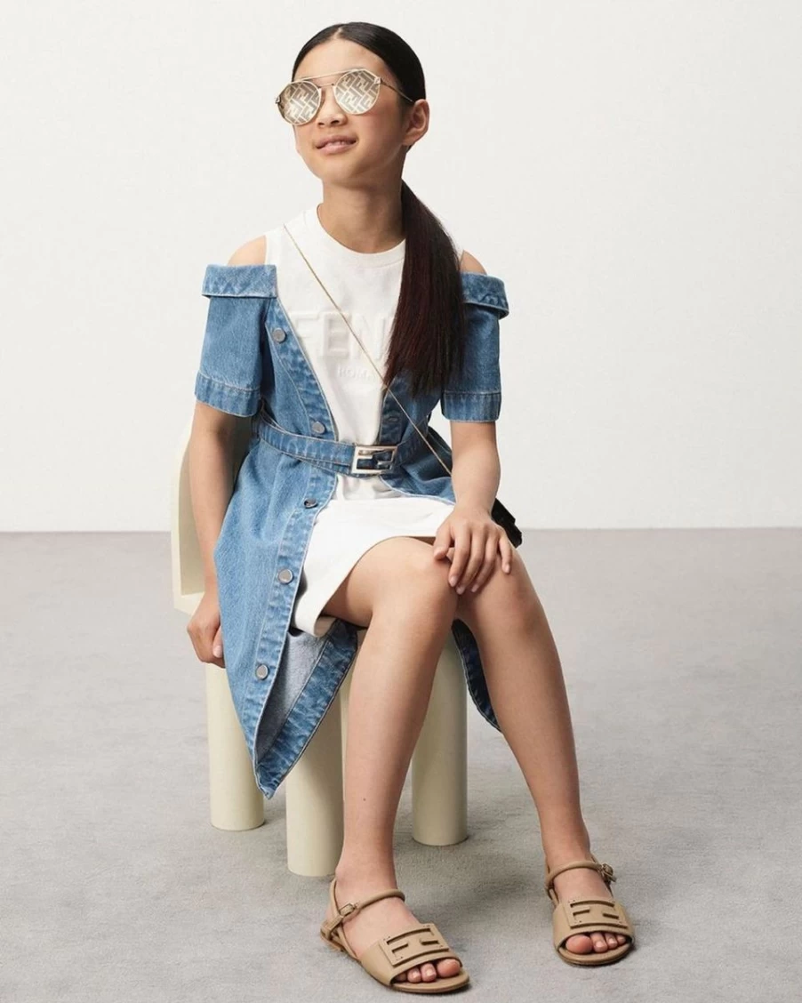 Fendi Kids Teen Blue Double Fabric Denim Dress for Girls