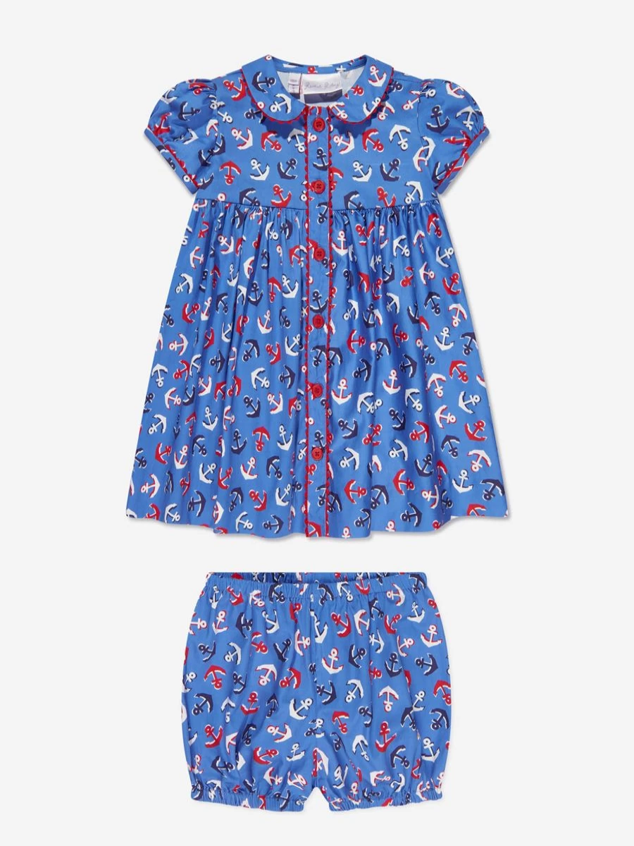 Rachel Riley Baby Girls' Blue Anchor Print Shirt Dress with Bloomers | Navy Summer Outfit