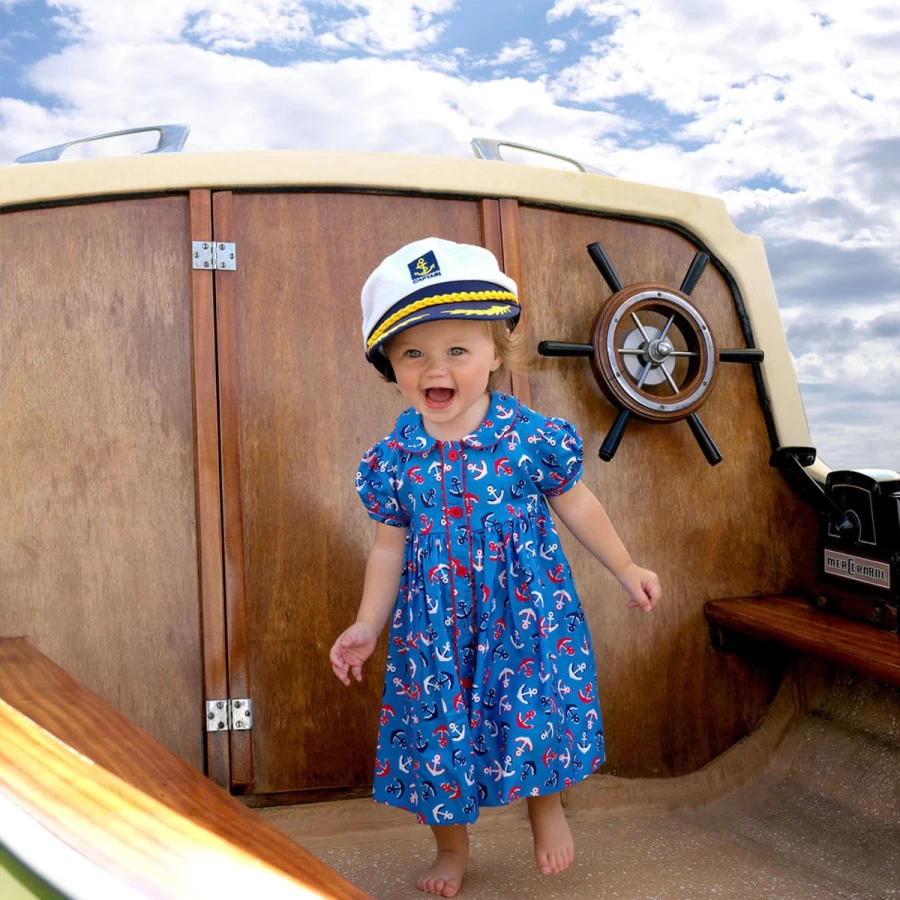 Rachel Riley Baby Girls' Blue Anchor Print Shirt Dress with Bloomers | Navy Summer Outfit
