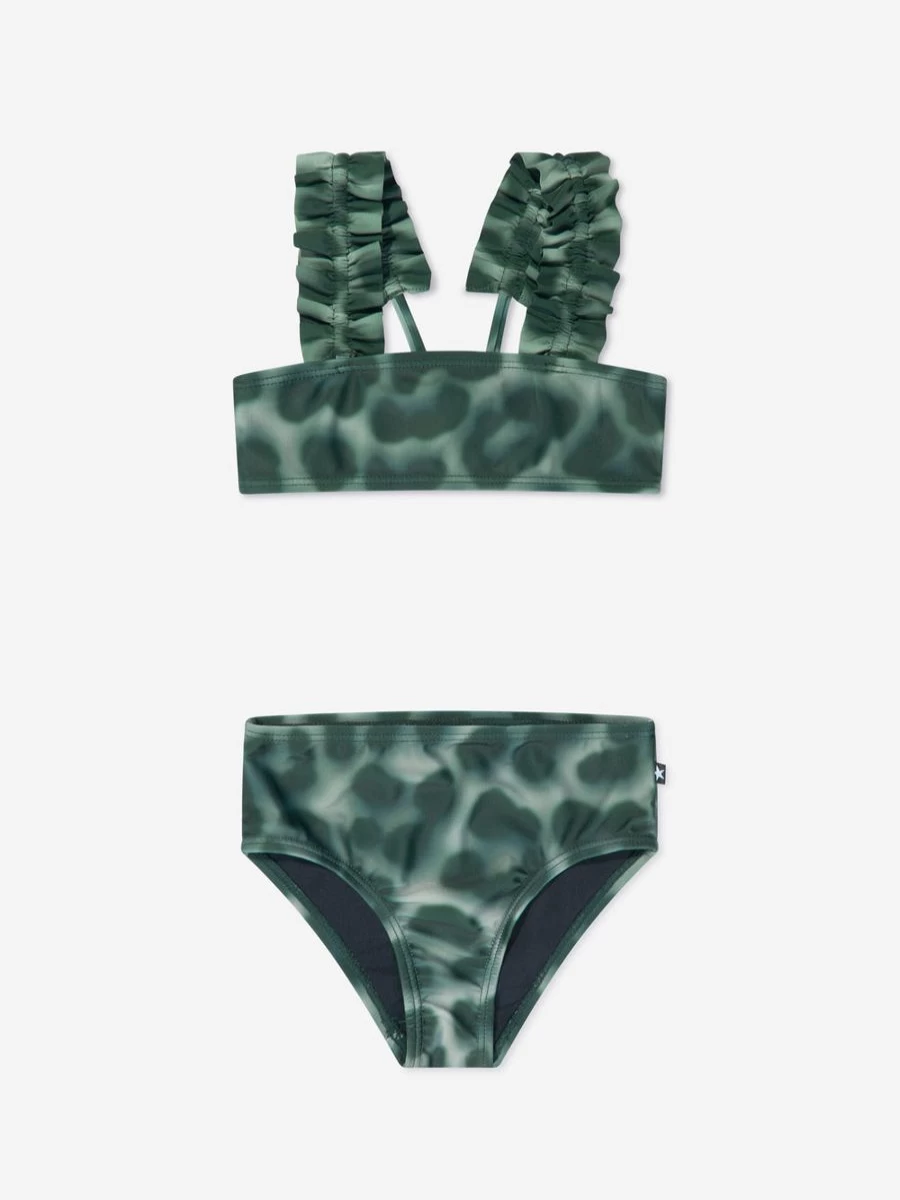 Molo Teen Girls Green Leopard Print Ruffle Bikini Swimwear