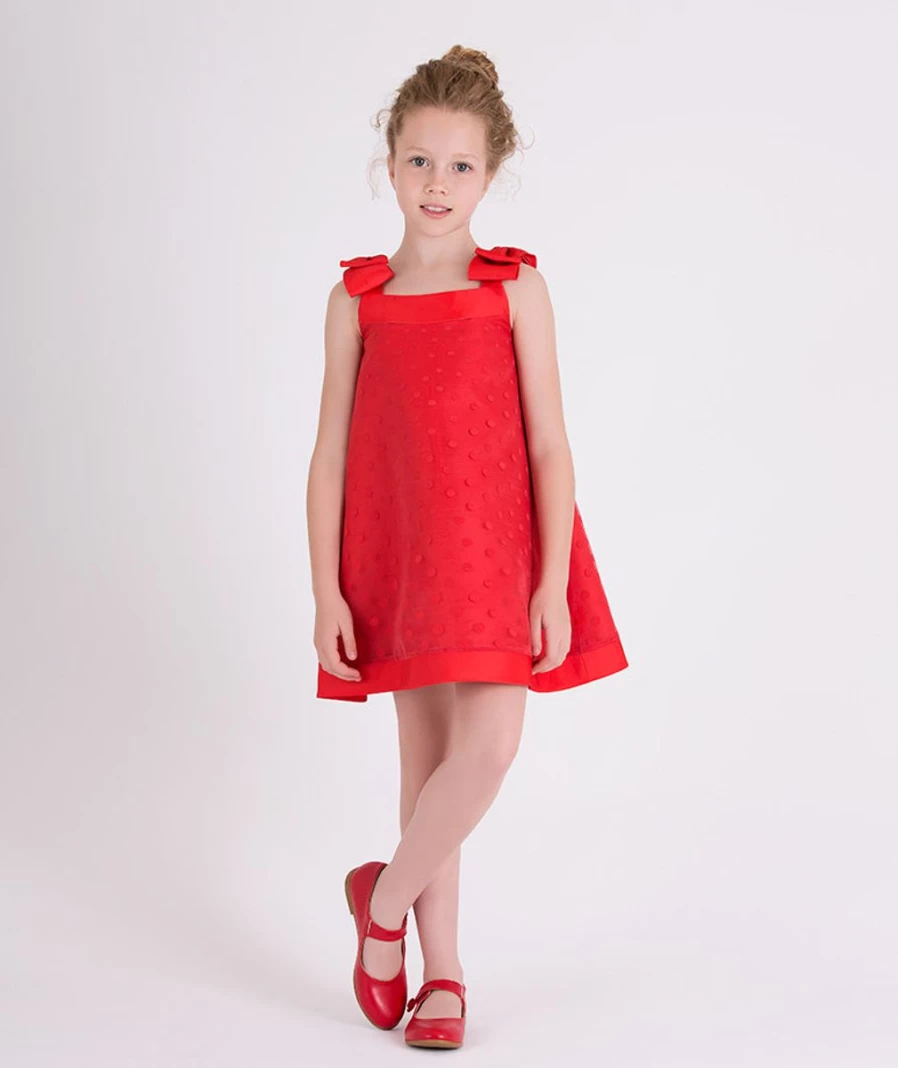 "Teen Girls Red Polka Dot Organza Dress with Bow Detail | Mama Luma"