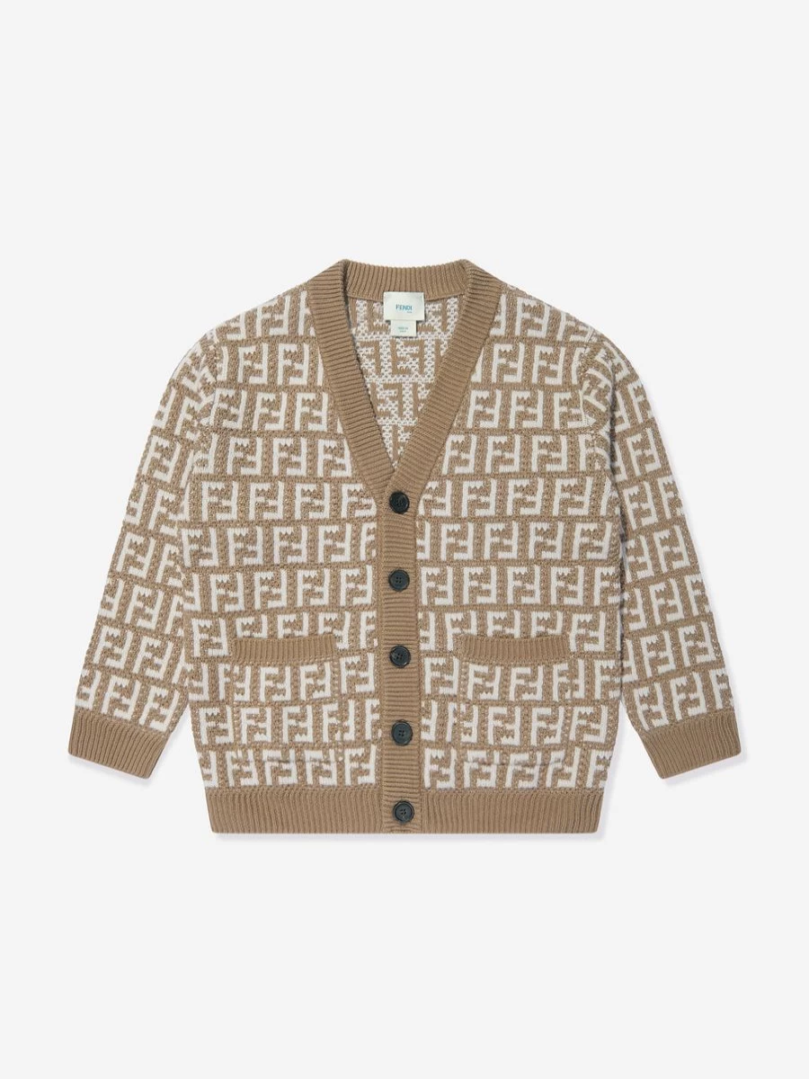 Fendi Kids Girls Beige Knitted Cardigan with FF Logo