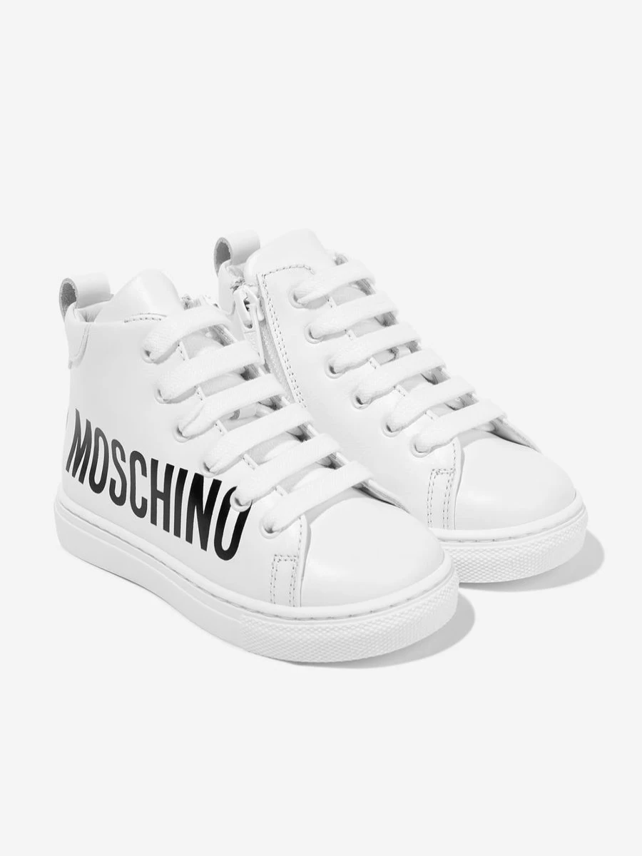 Moschino Kids Girls White Leather High Top Sneakers Fashion Trainers