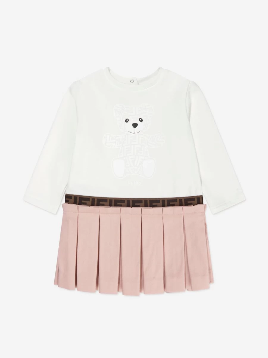 Fendi Kids Baby Girls White Long Sleeve Bear Print Dress - Childsplay Clothing