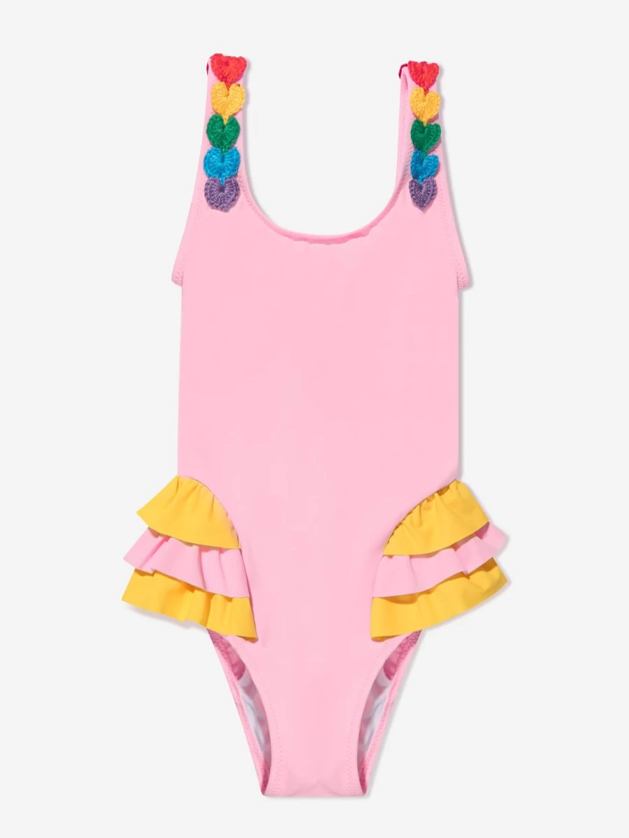 "Nessi Byrd Girls Pink Crochet Heart Rosa Swimsuit with Frilled Detail"