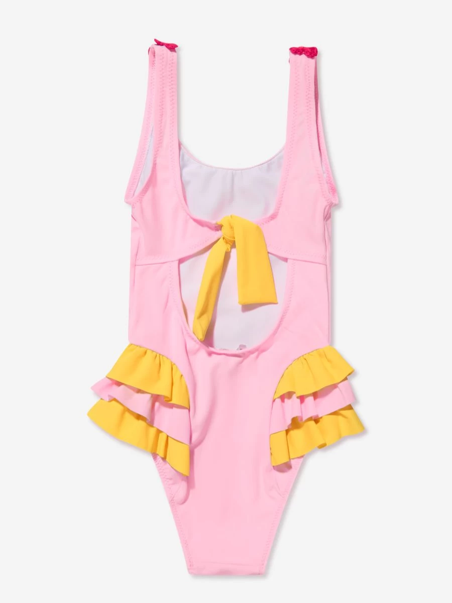 "Nessi Byrd Girls Pink Crochet Heart Rosa Swimsuit with Frilled Detail"