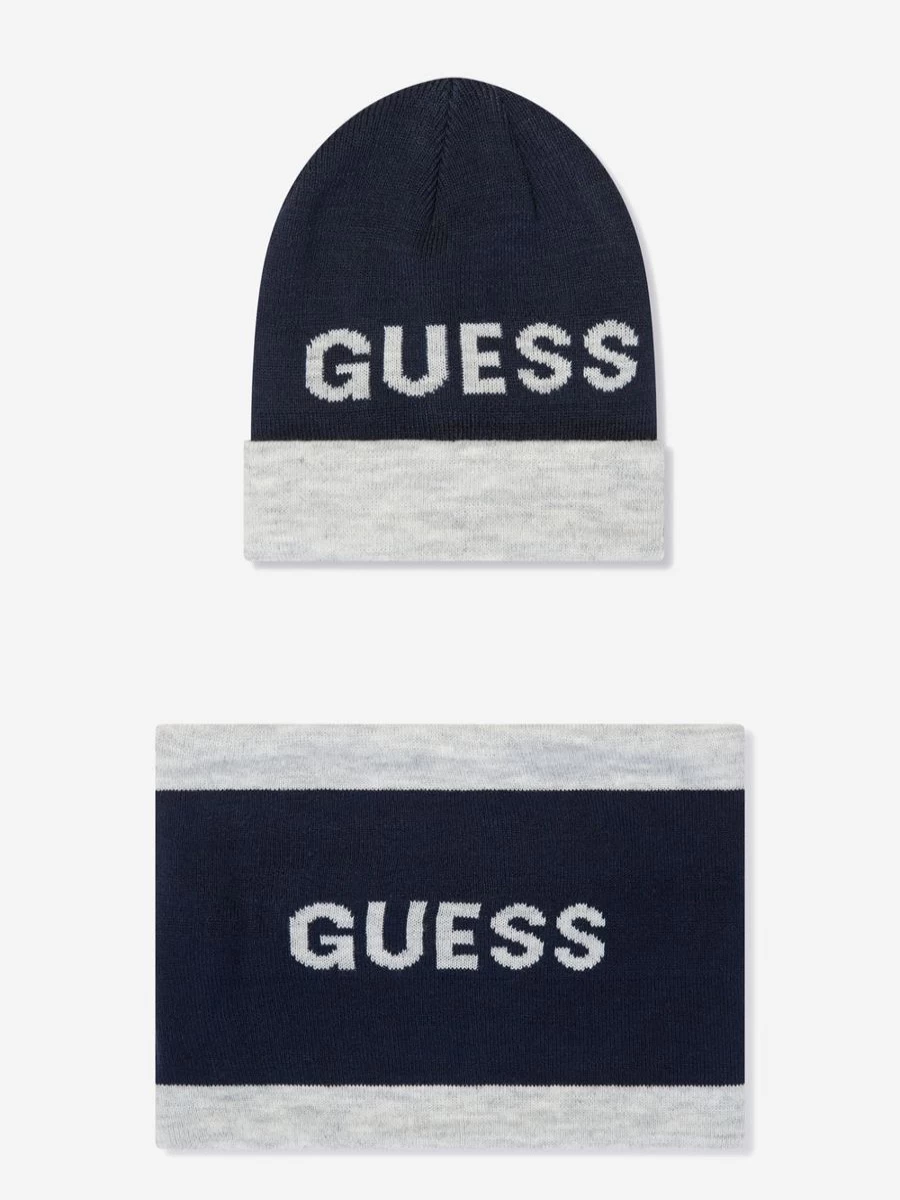Guess Teen Boys Navy Winter Hat and Snood Set - Warm Knitted Beanie & Scarf