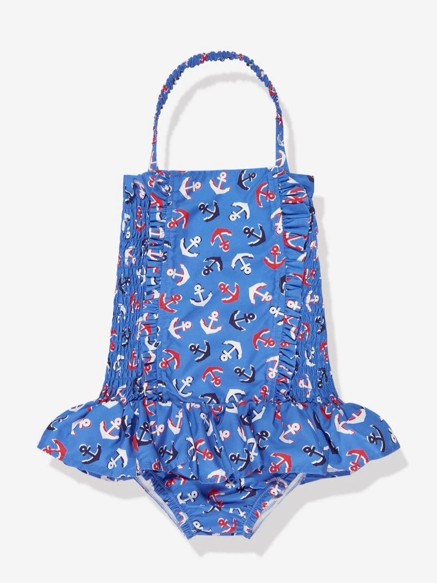 Rachel Riley Girls' Blue Anchor Print Ruched Swimsuit for Kids