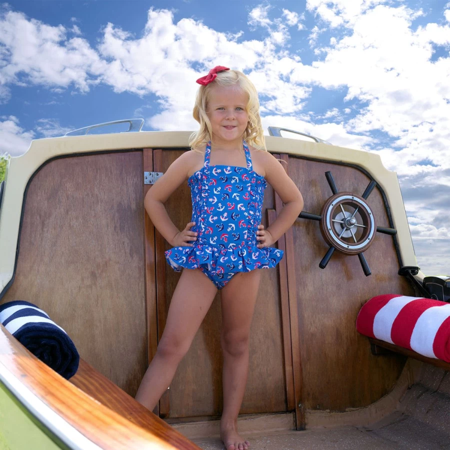 Rachel Riley Girls' Blue Anchor Print Ruched Swimsuit for Kids