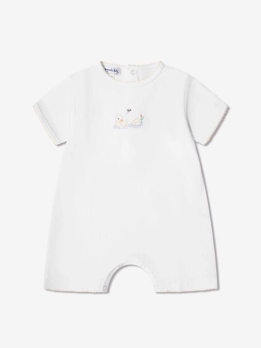 Magnolia Baby Girls Vintage Duckies Embroidered White Romper - Classic Ducky Design