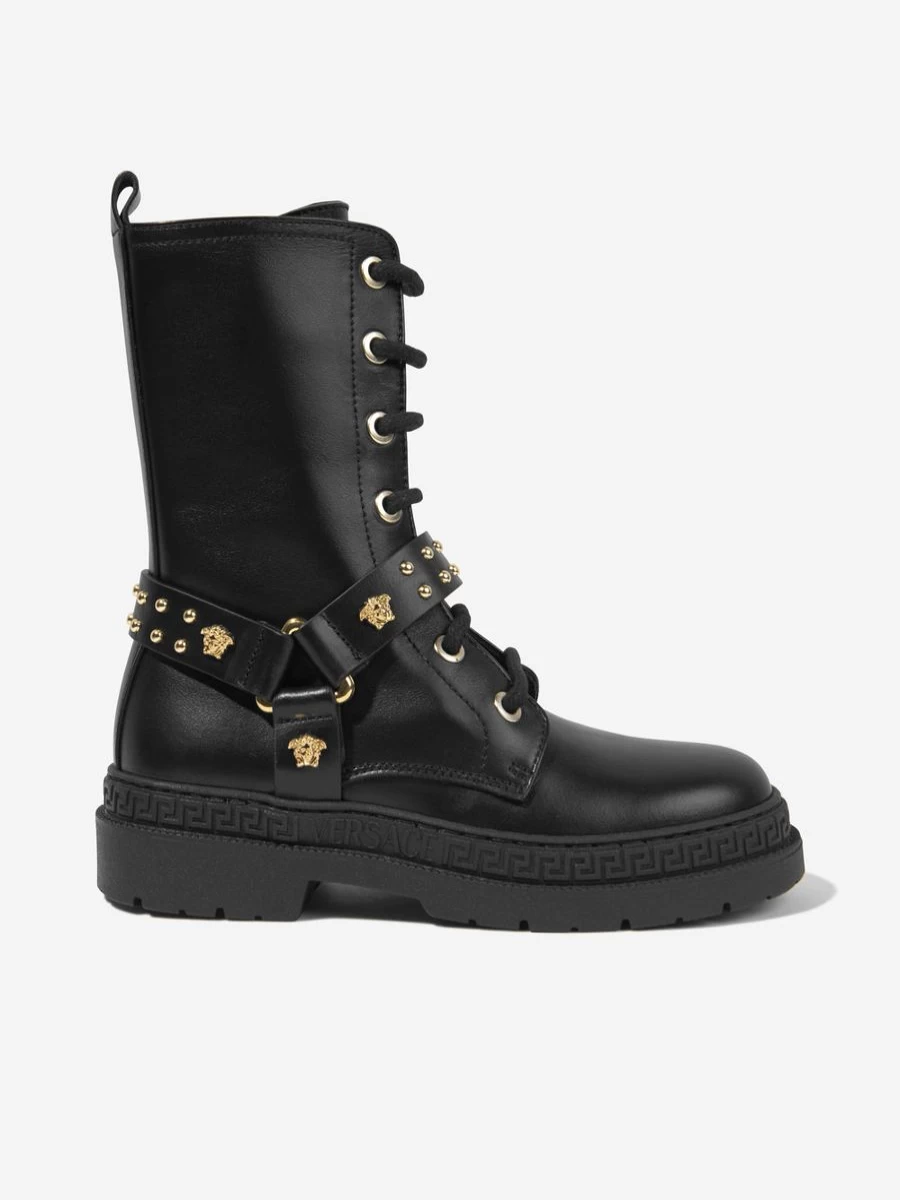 Versace Girls Black Leather Biker Boots for Stylish Outfits