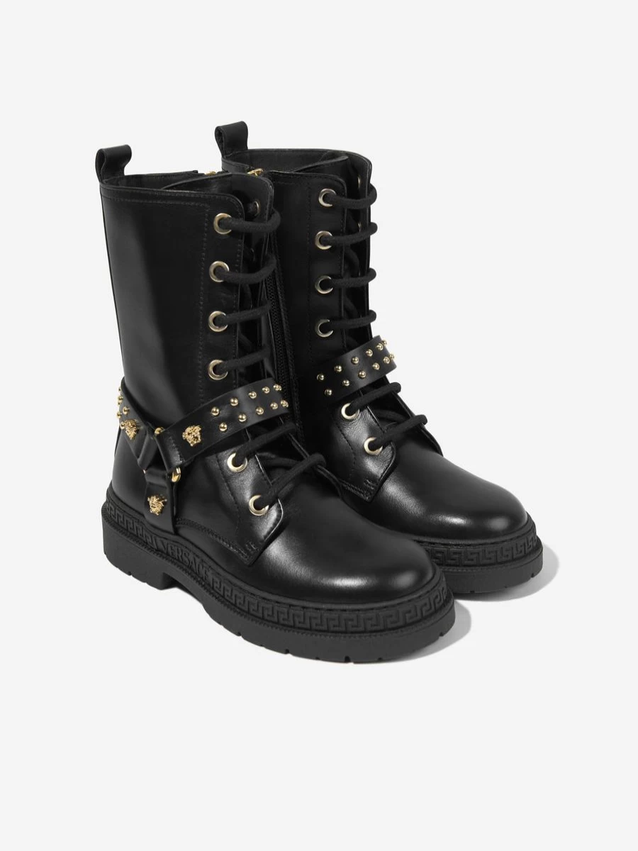 Versace Girls Black Leather Biker Boots for Stylish Outfits