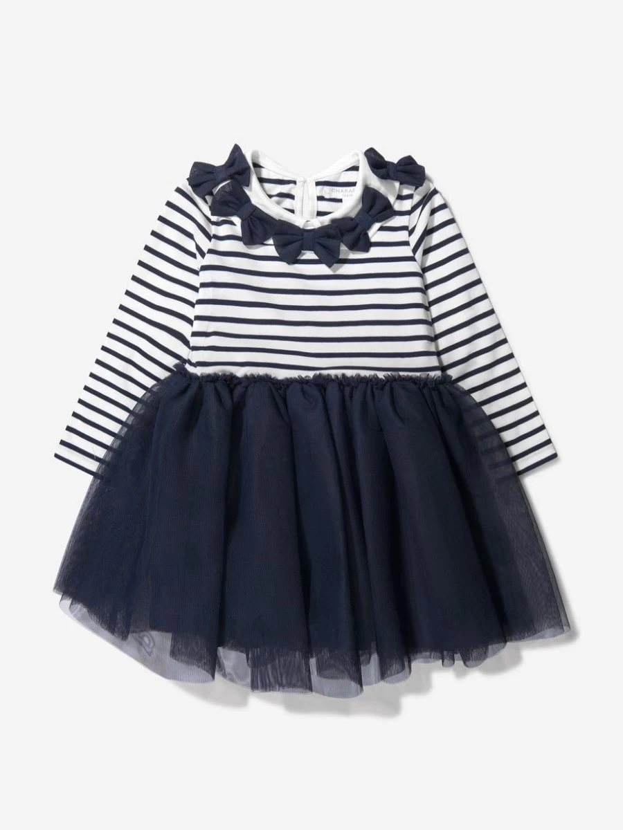 Charabia Girls Cotton Striped Dress with Bow - Cute & Comfortable Striped Bow Dress for Girls