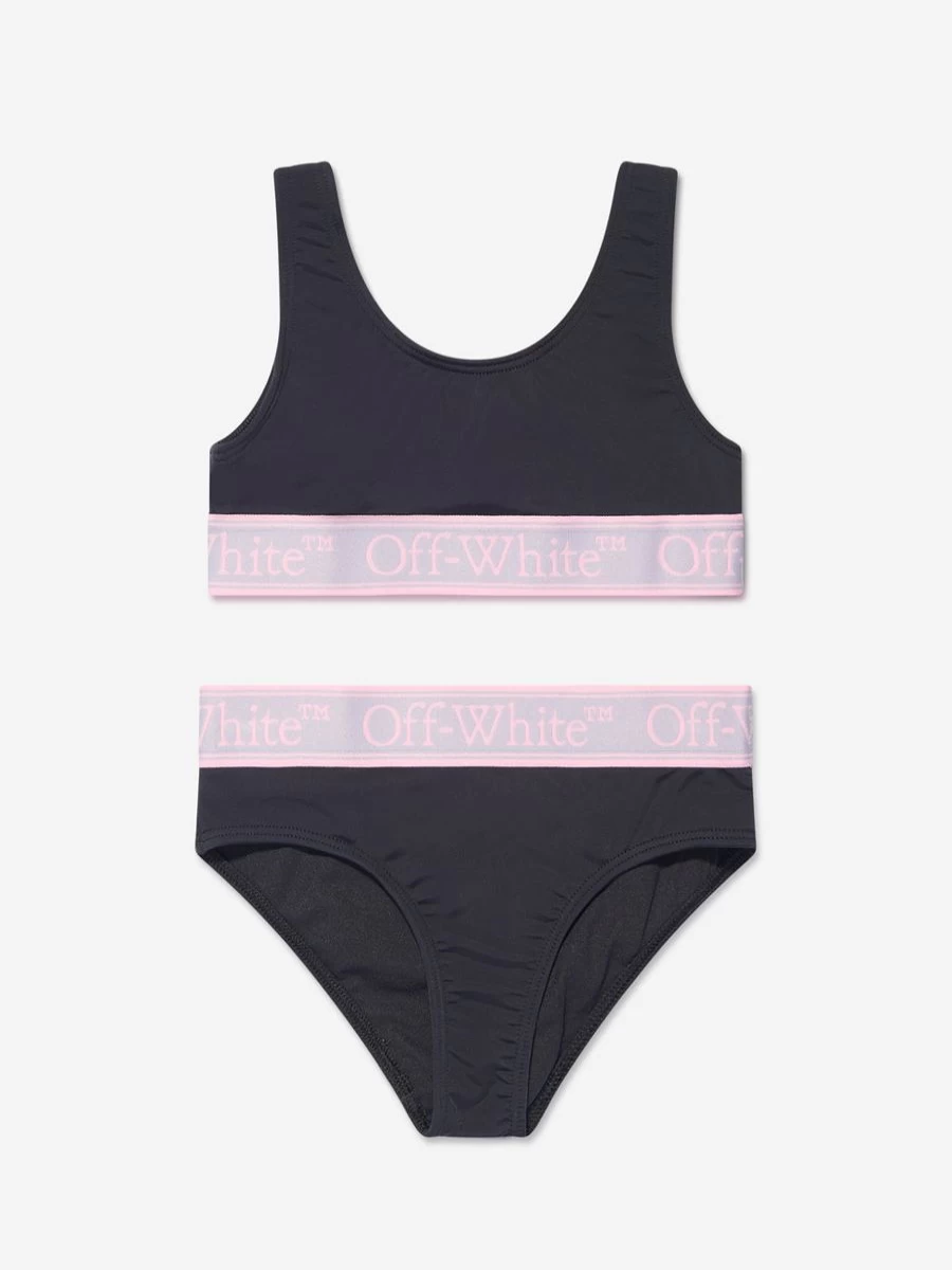 Off-White Teen Bookish Logo Black Band Bikini for Girls