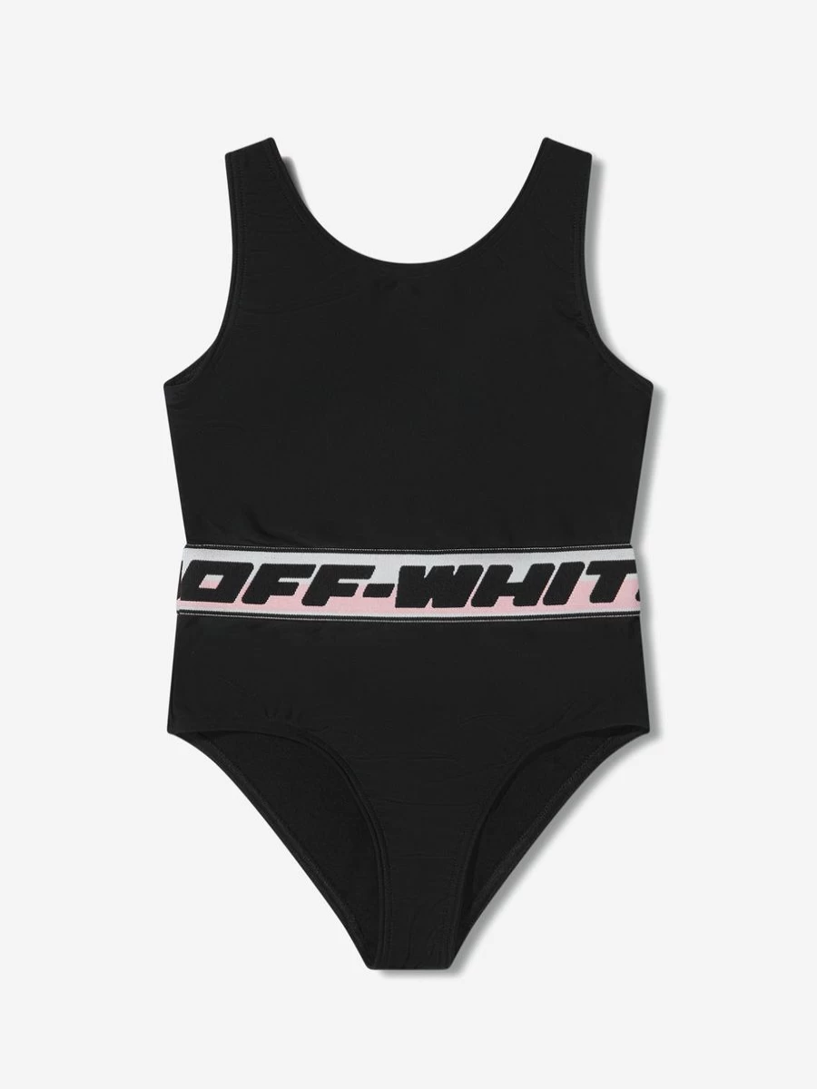 Off-White Teen Girls Logo Print Band Swimsuit for Summer Beachwear