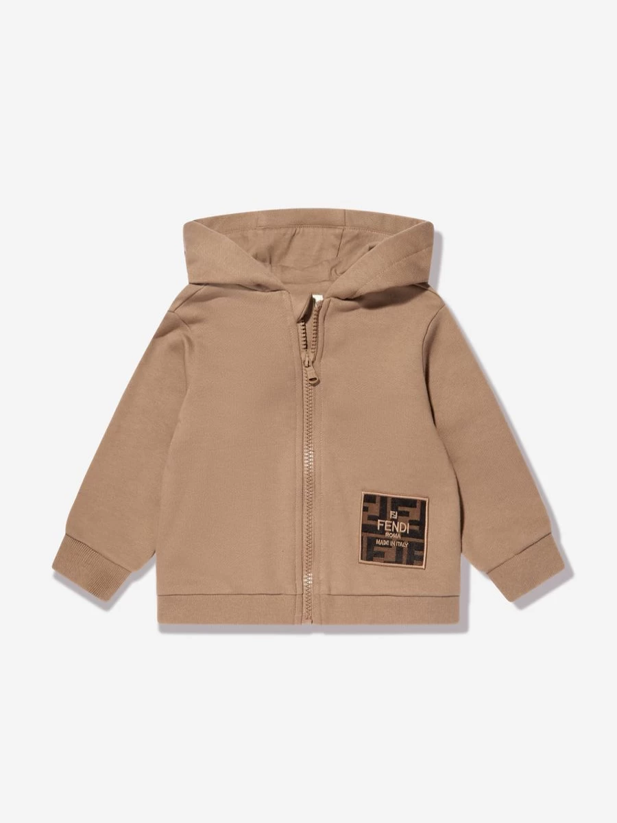 Fendi Kids Beige Logo Patch Zip Up Hoodie for Baby Boys & Girls