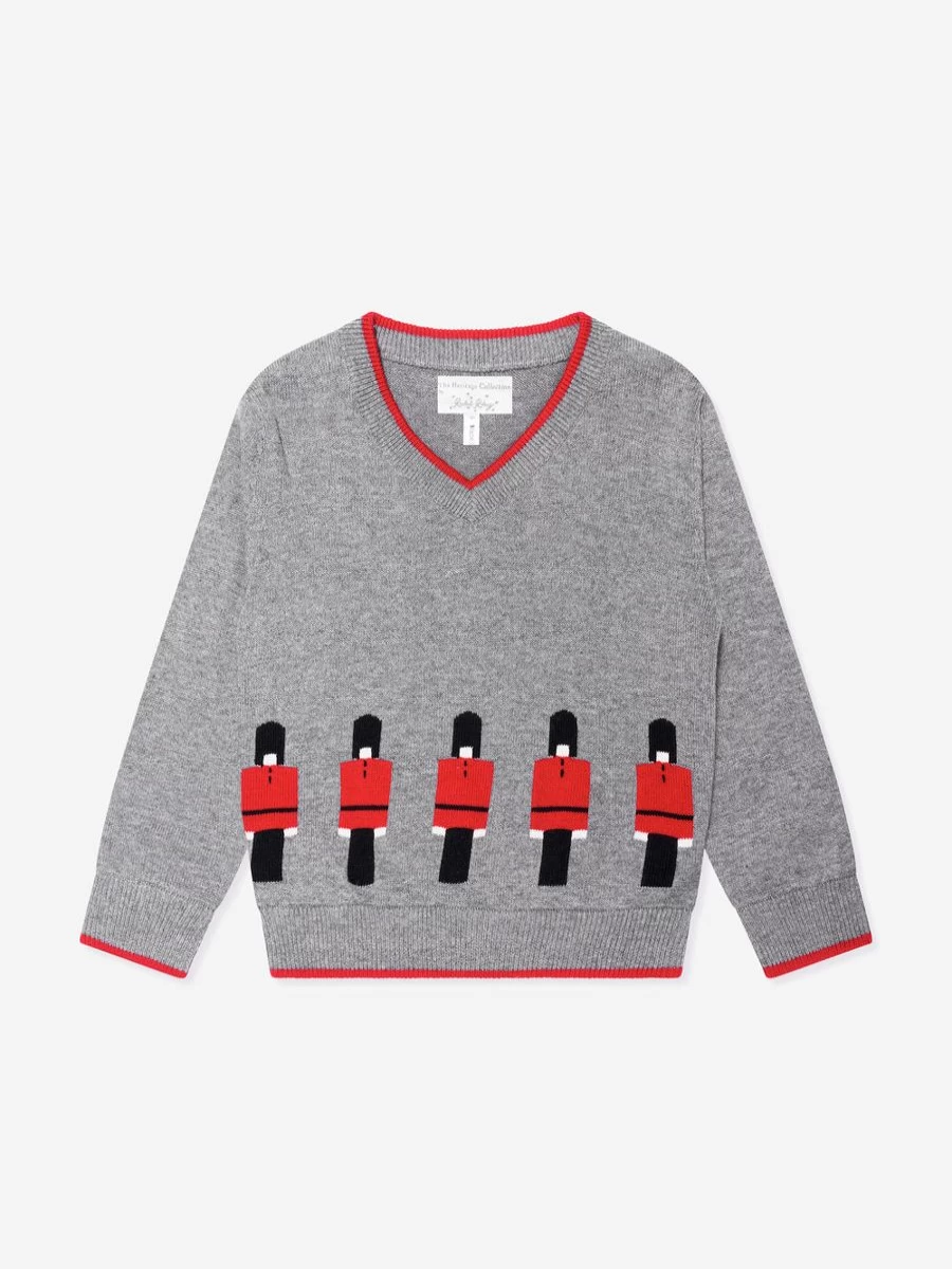 Rachel Riley Boys Grey Soldier V-Neck Sweater - Classic Knitwear for Kids