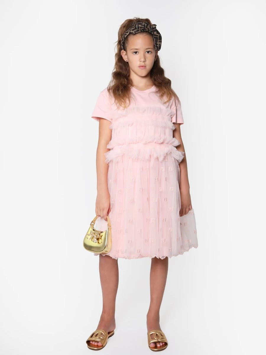 Fendi Kids Teen Pink Ruched Jersey Dress for Girls