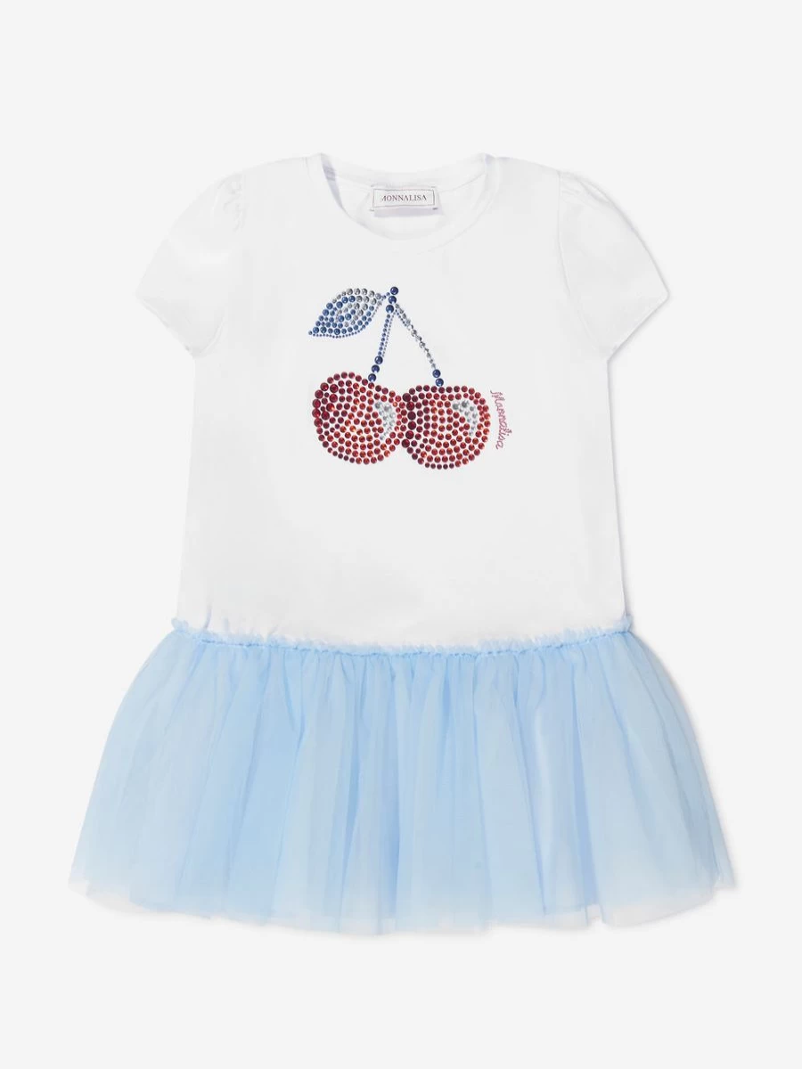 Monnalisa Girls White Cherry Print Jersey Dress