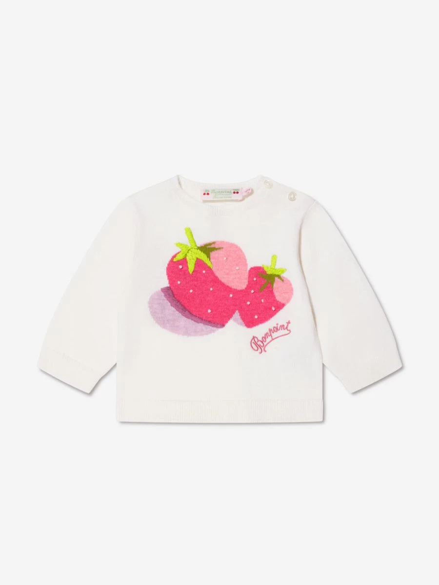 Bonpoint Baby Girls White Strawberry Knit Sweater - Luxurious Cotton Cardigan for Infants & Toddlers