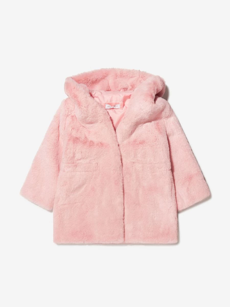 Monnalisa Girls Faux Fur Hooded Winter Coat for Kids Pink Outerwear
