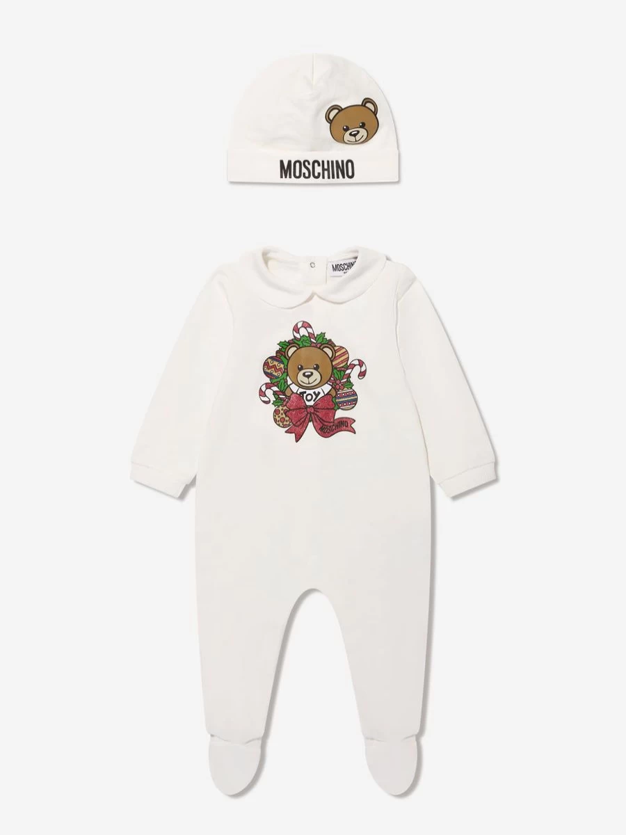 Moschino Kids Boys Ivory Baby Hat and Babygrow Gift Set for Newborns