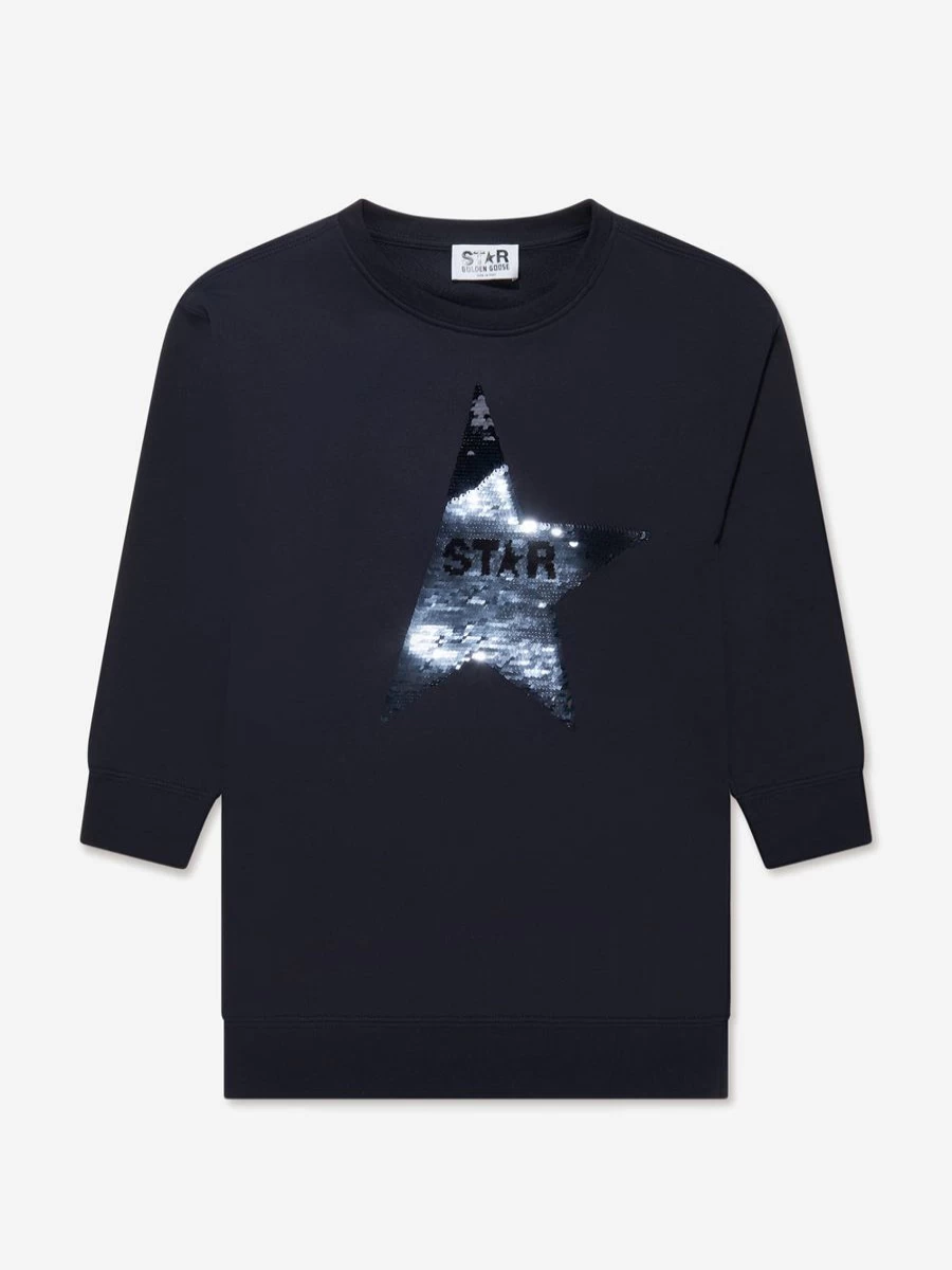 Golden Goose Kids Girls Reversible Navy Star Sequinned Sweater Dress