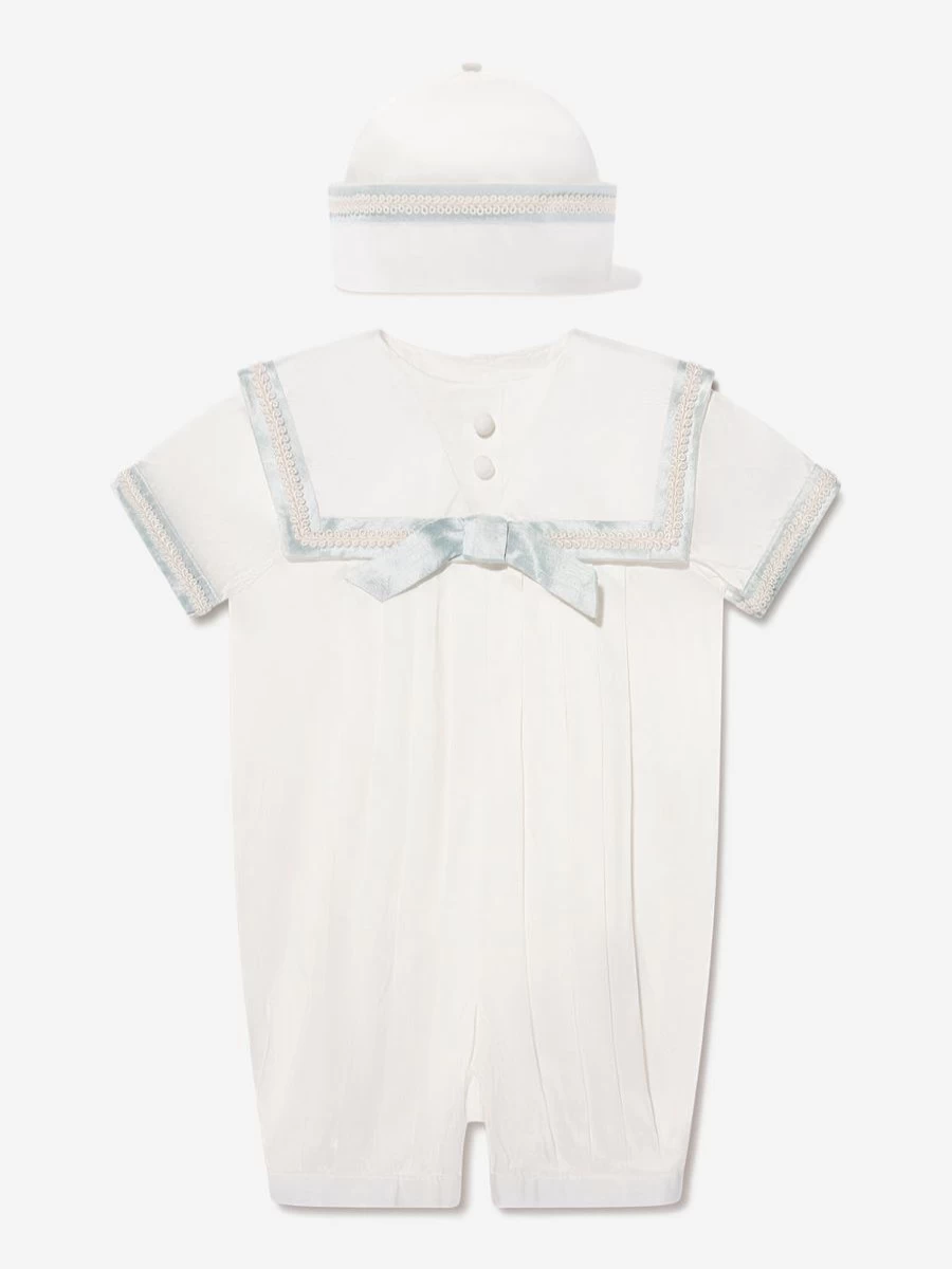 "Sarah Louise Ivory Baby Boys Romper and Hat Set – Soft Cotton Outfit"