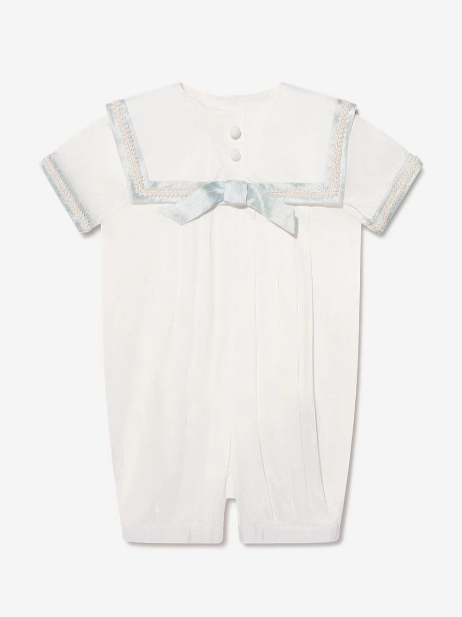"Sarah Louise Ivory Baby Boys Romper and Hat Set – Soft Cotton Outfit"