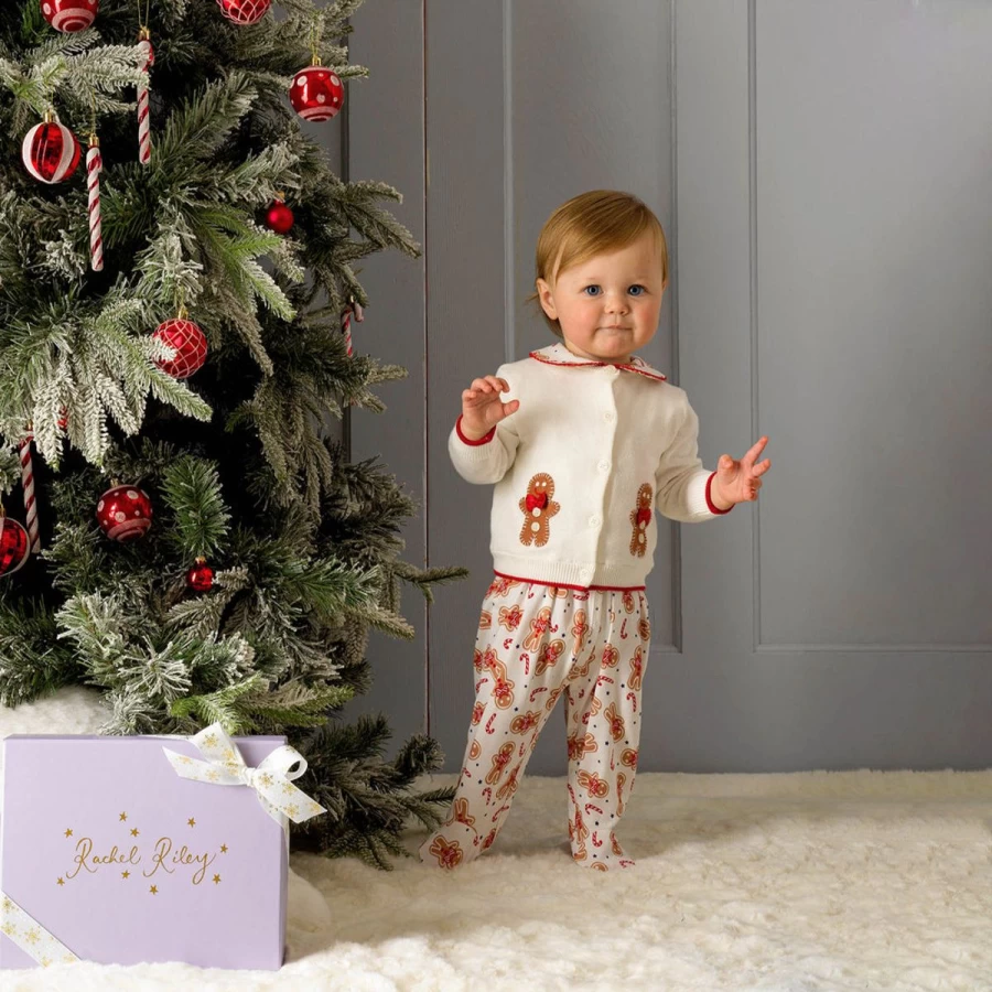 Rachel Riley Girls' Ivory Gingerbread Applique Cardigan - Festive Holiday Knitwear