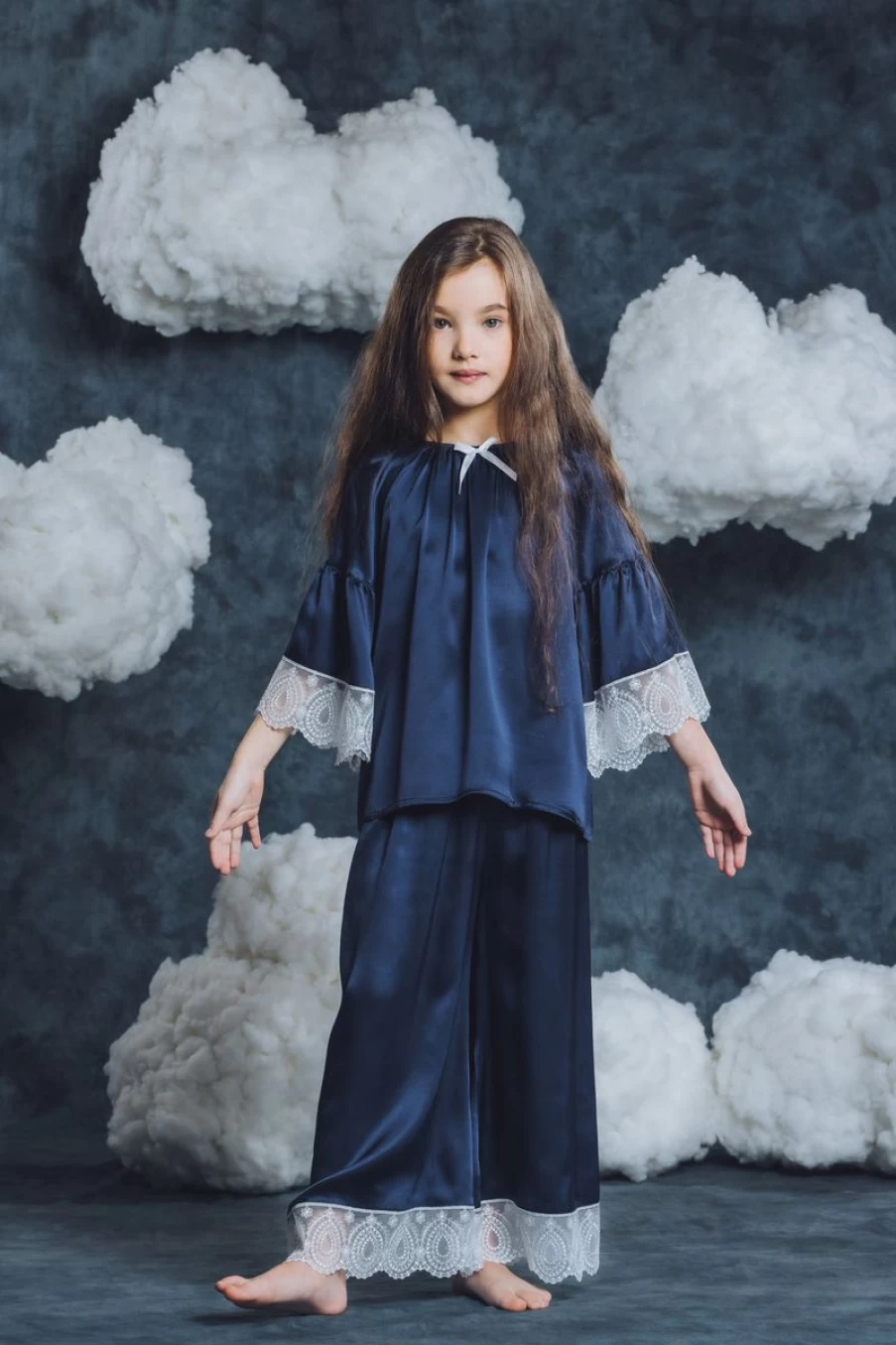 Amiki Girls Navy Silk Adriana Pyjama Set - Luxurious Children's Sleepwear