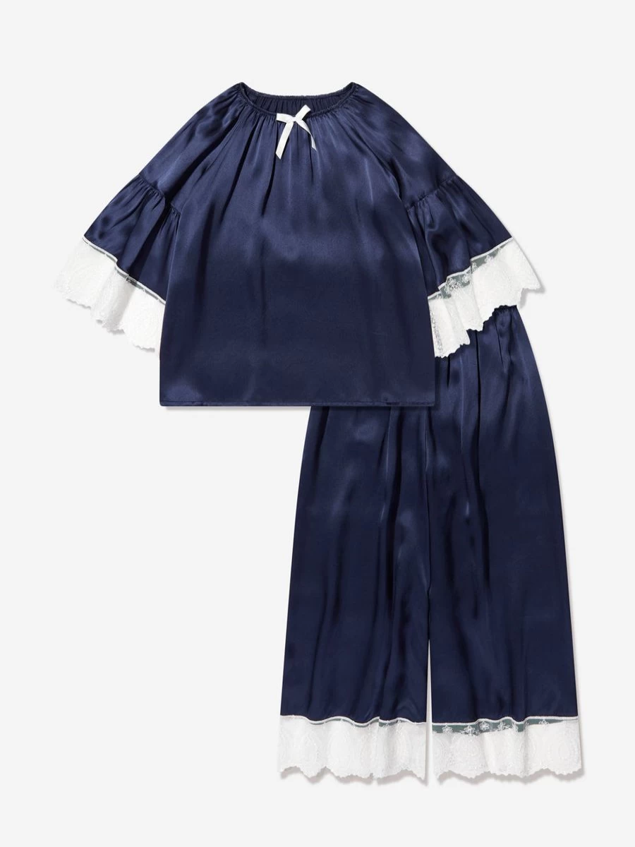 Amiki Girls Navy Silk Adriana Pyjama Set - Luxurious Children's Sleepwear