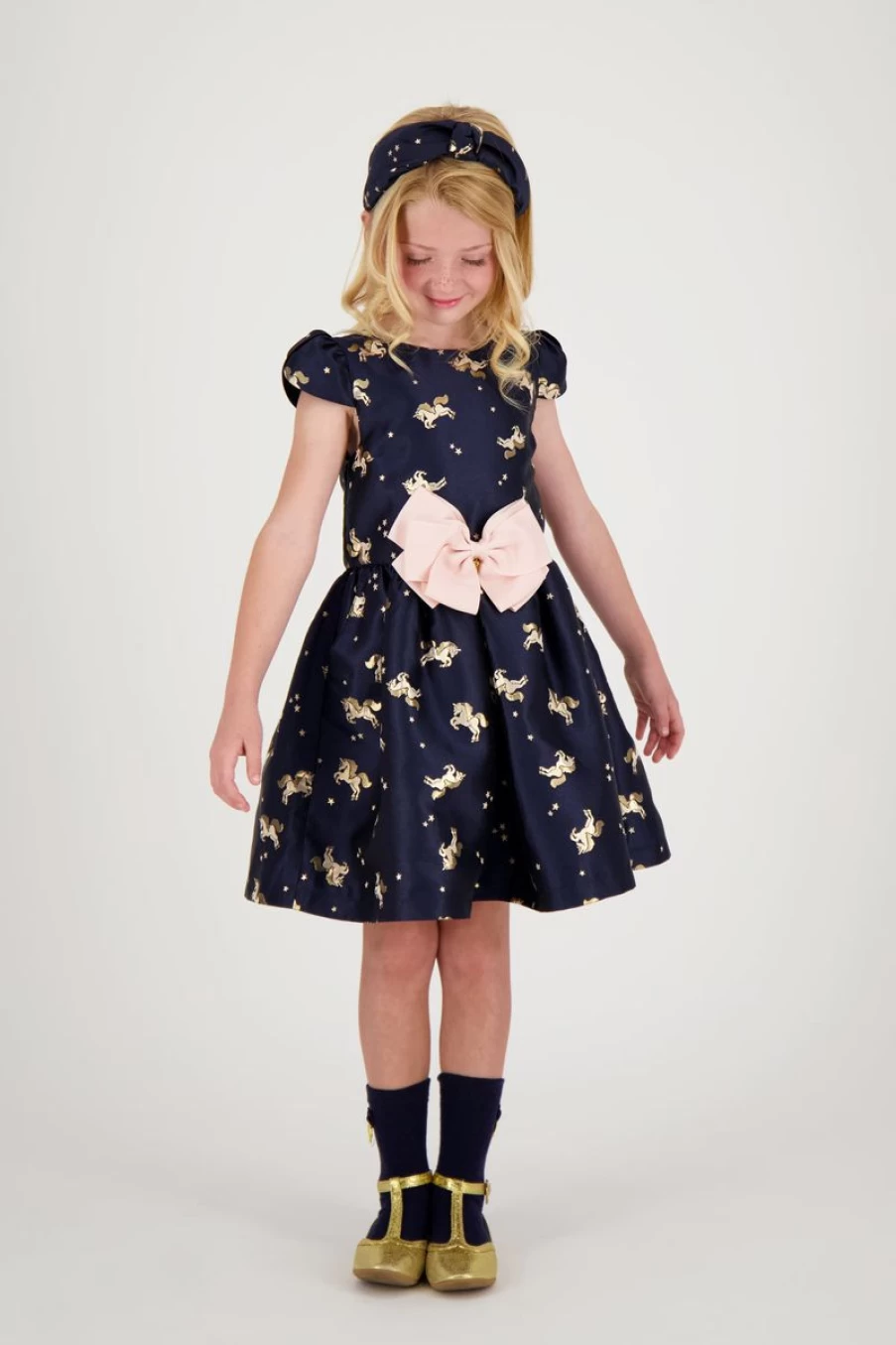 "Angels Face Teen Girls' Desiree Unicorn Jacquard Dress - Navy Blue Fantasy Party Outfit"