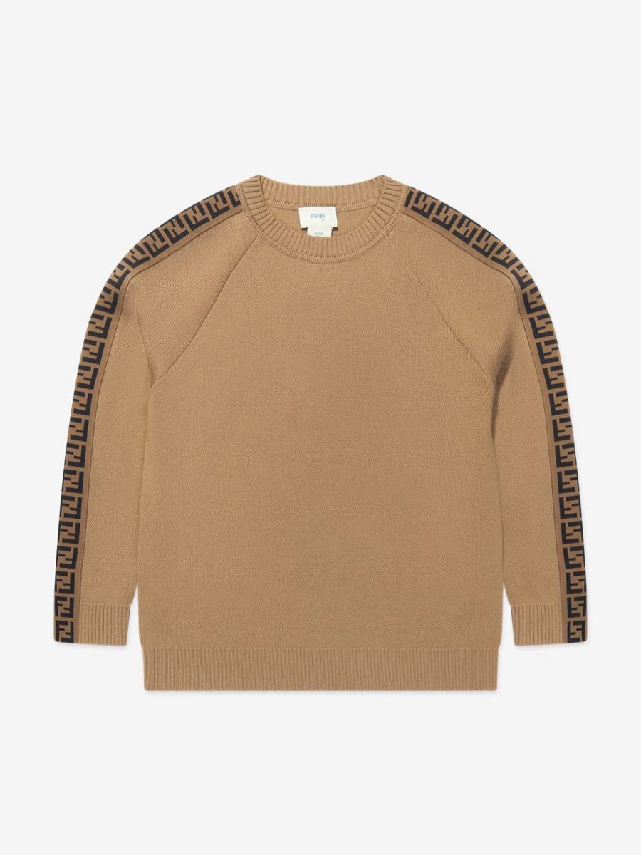 Fendi Kids Girls Brown Knitted Logo Taping Jumper Sweater