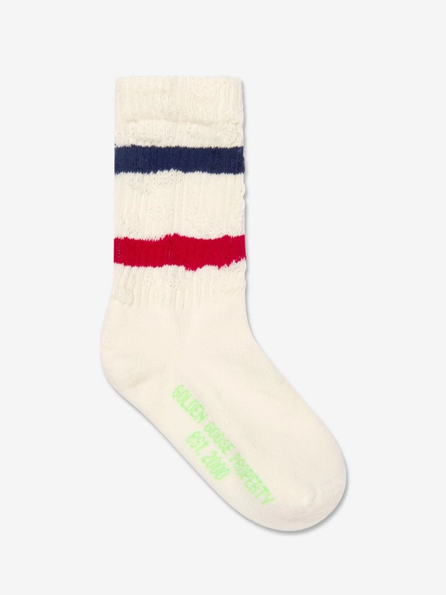 Golden Goose Kids Boys High Rib Striped Distressed Ivory Socks for Comfort & Style
