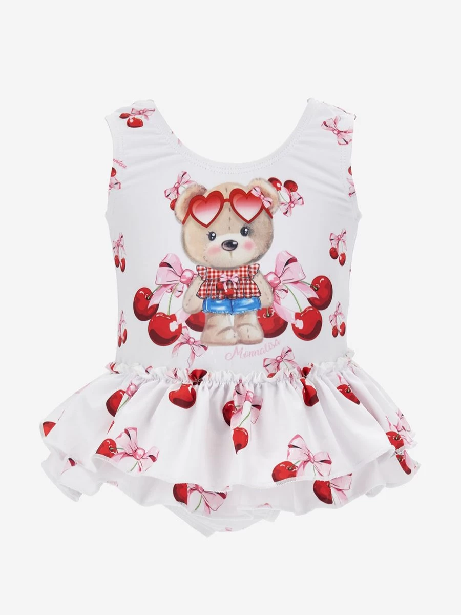 Monnalisa Baby Girls White Teddy Bear Print Swimsuit Cute One-Piece Bathing Suit