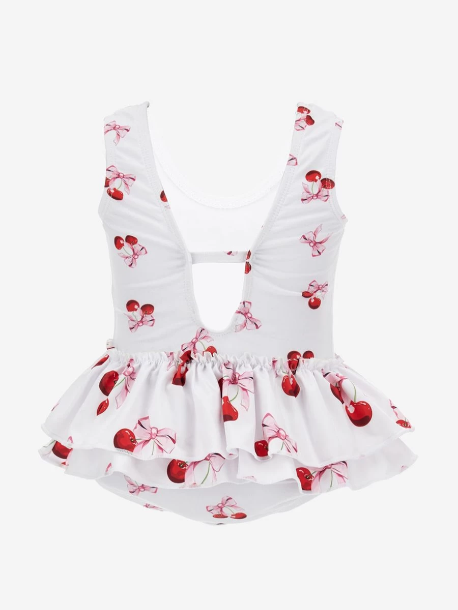 Monnalisa Baby Girls White Teddy Bear Print Swimsuit Cute One-Piece Bathing Suit