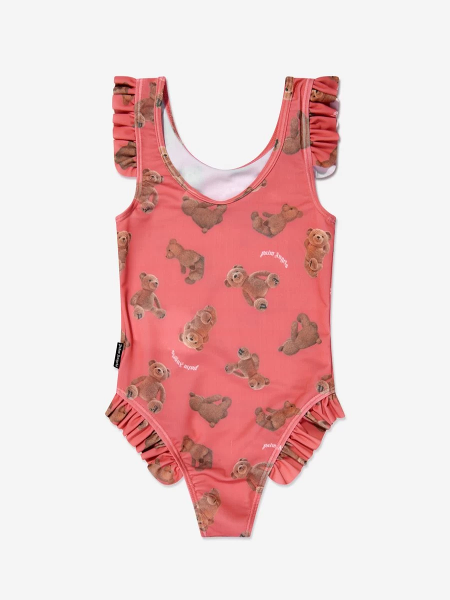 Palm Angels Teen Girls Coral Swimsuit with All-Over Print Bears Design