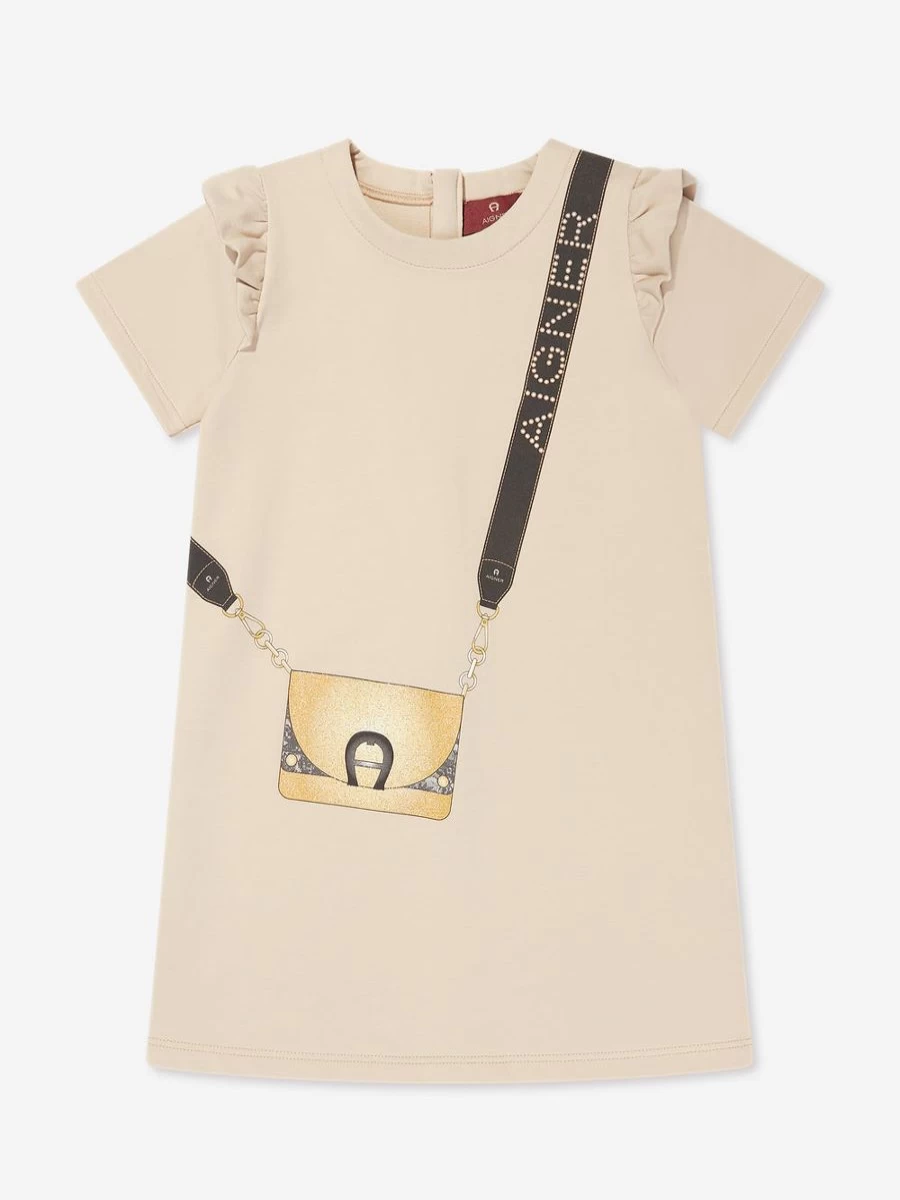 Aigner Girls Beige Print Dress with Bag - Stylish Floral Summer Outfit for Kids