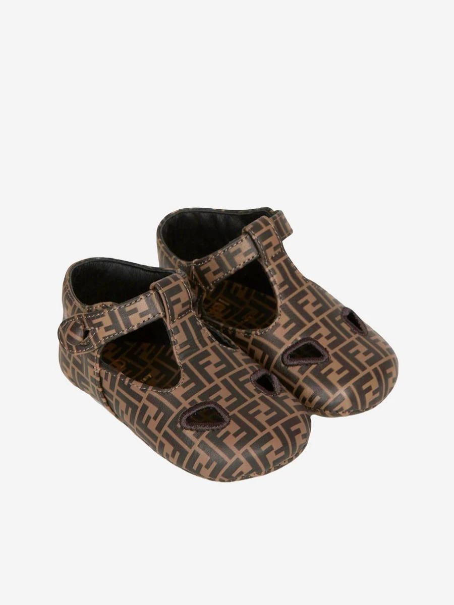 Fendi Kids Baby Leather FF Logo Sandals - Brown Infant Shoes for Boys & Girls | Luxury Designer Footwear