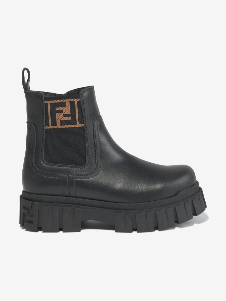 Fendi Kids Boys Black Leather Biker Boots for Children