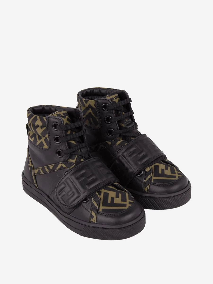 Fendi Kids Girls Black & Brown Leather High Top Sneakers with Logo Detail