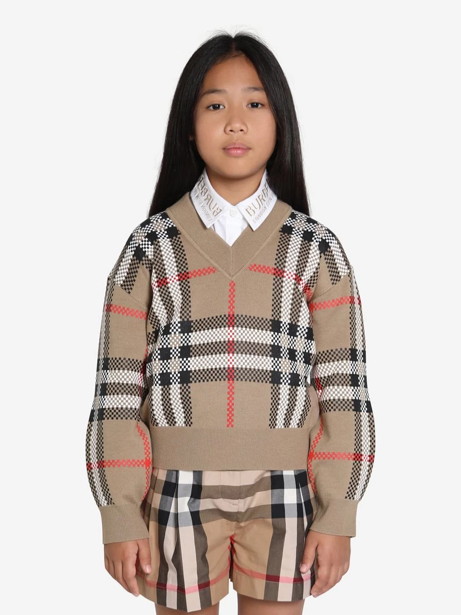 Burberry Kids Girls Holly Jumper in Archive Beige Check - Classic Checkered Knit Sweater for Girls