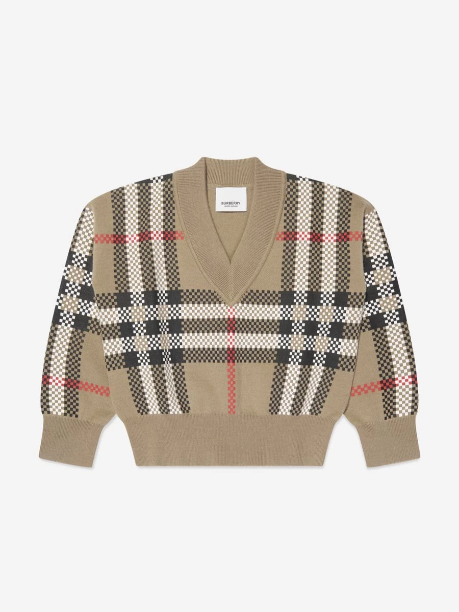 Burberry Kids Girls Holly Jumper in Archive Beige Check - Classic Checkered Knit Sweater for Girls
