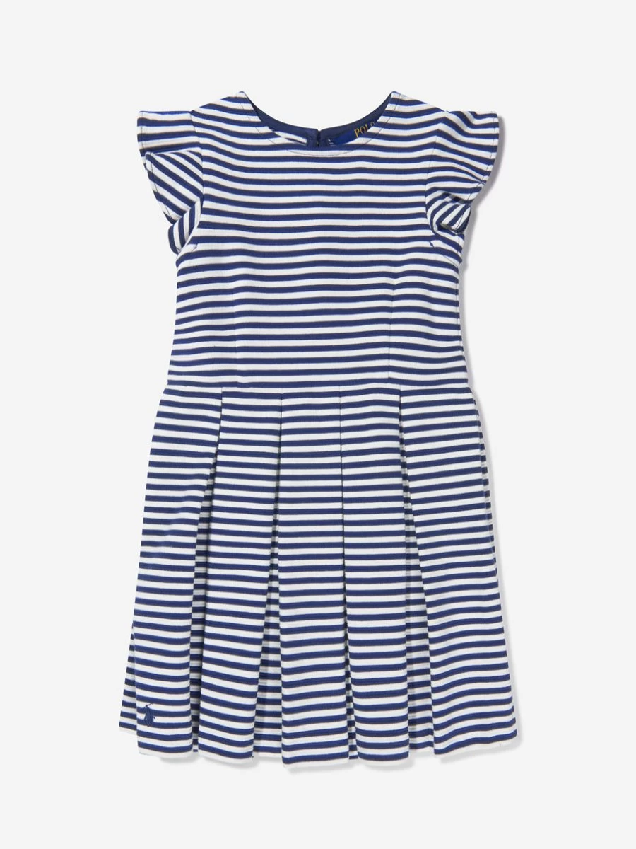 Ralph Lauren Kids Girls Navy Striped Ruffle Dress for Toddlers and Children
