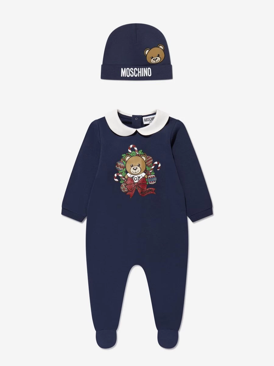 Moschino Kids Navy Baby Hat and Babygrow Gift Set for Newborns
