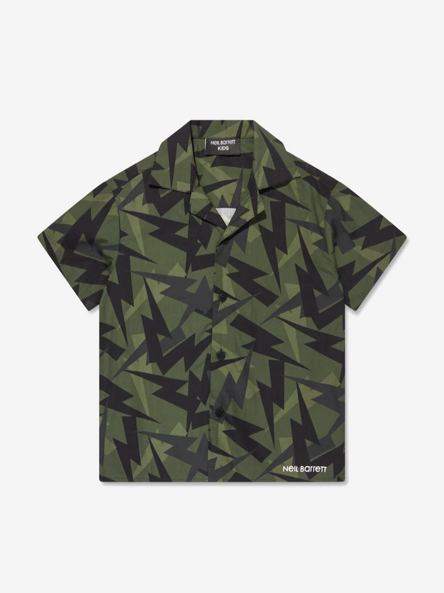 Neil Barrett Teen Boys Green Thunderbolt Short Sleeve Shirt