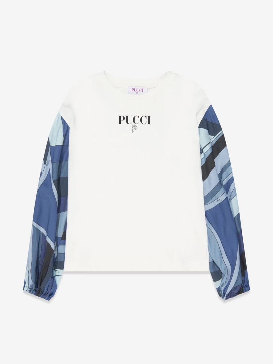 Emilio Pucci Girls Ivory Long Sleeve T-Shirt | Luxury Cotton Top for Kids